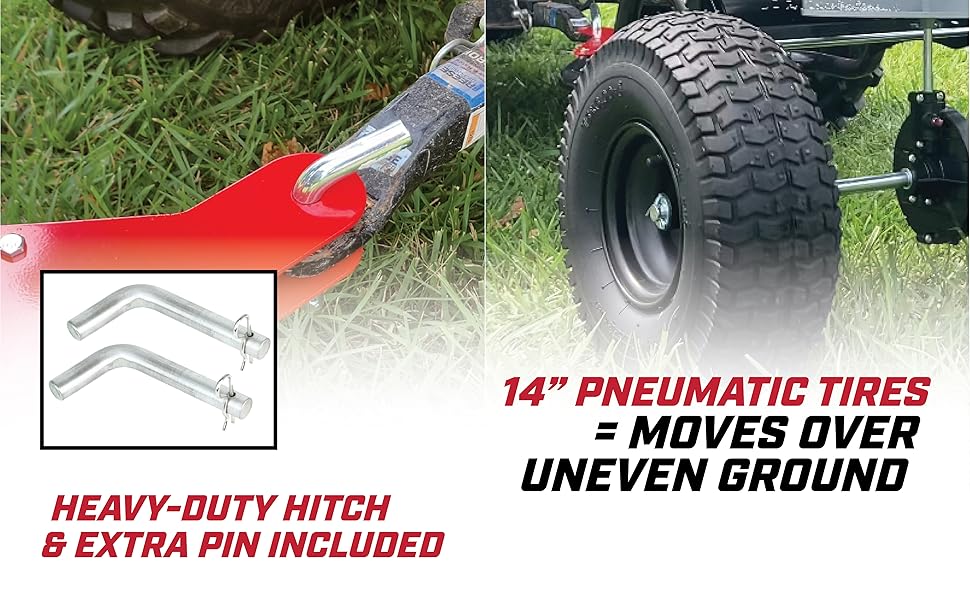 tow behind spreaders, 14 in pneumatic spreader tires, hitch pins for spreaders, spreader hitch