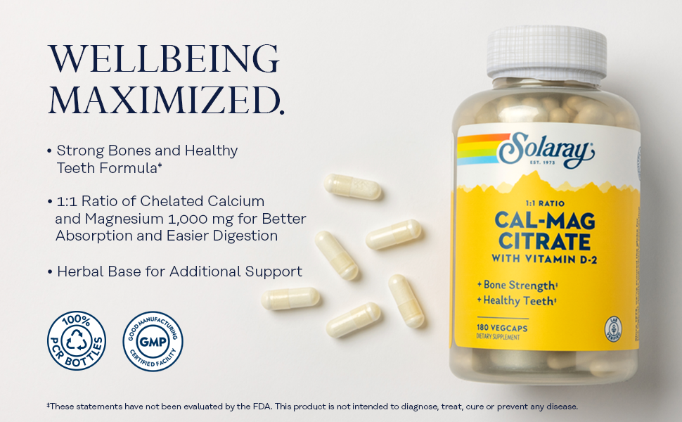 Solaray Calcium &amp; Magnesium Citrate with Vitamin D2 Healthy Bones Teeth Muscle Nervous System 180 CT