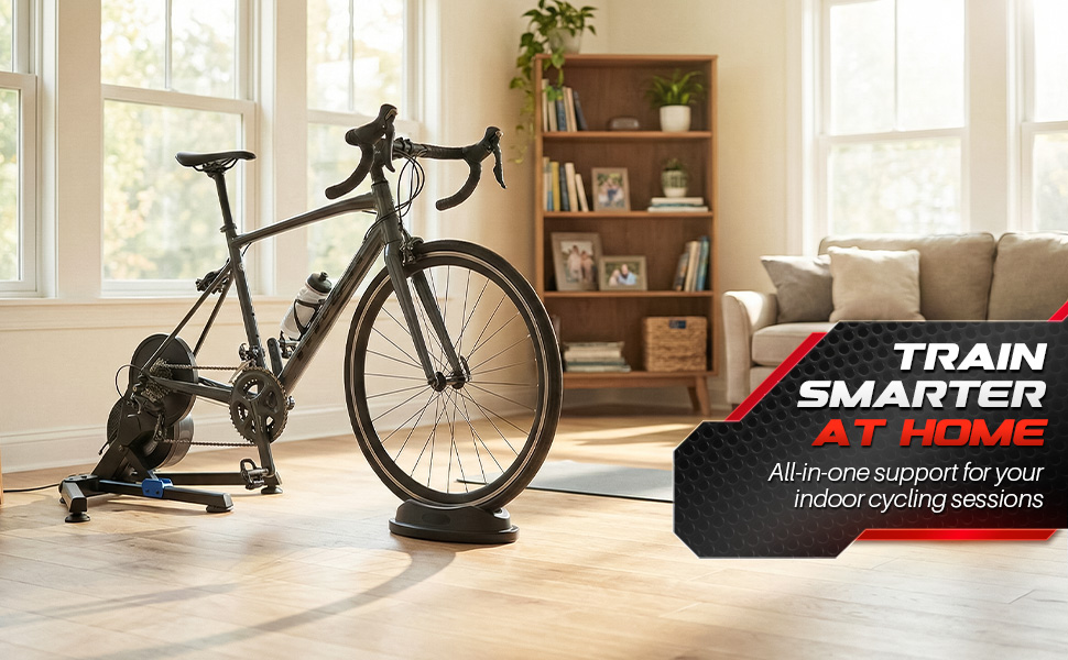 Road bike on an indoor bike trainer with an indoor cycling front wheel block stabilizing