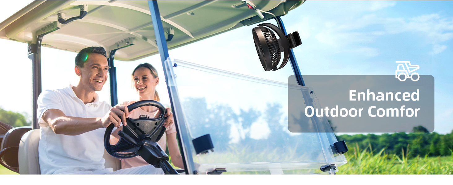 Two people driving a golf cart outdoors. Text overlay reads 'Enhanced Outdoor Comfort' suggesting improved features for the vehicle.