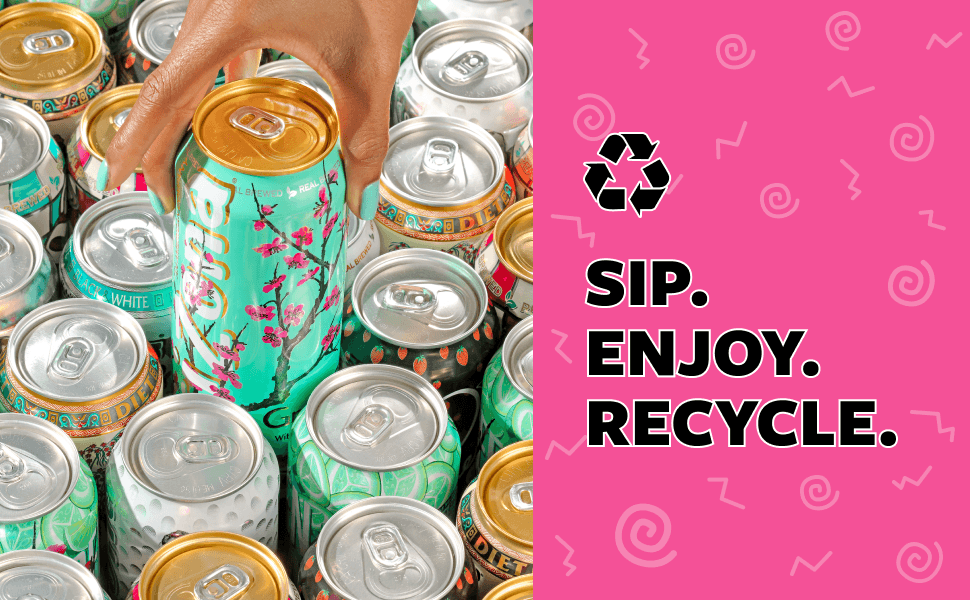 Multiple cans of AriZona Iced Tea on the left and pink on the right titles Sip Enjoy Recycle