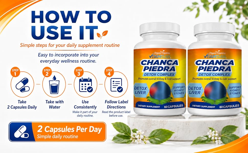 How to use Vitamisan Chanca Piedra Detox Complex with 2 capsules daily and water.
