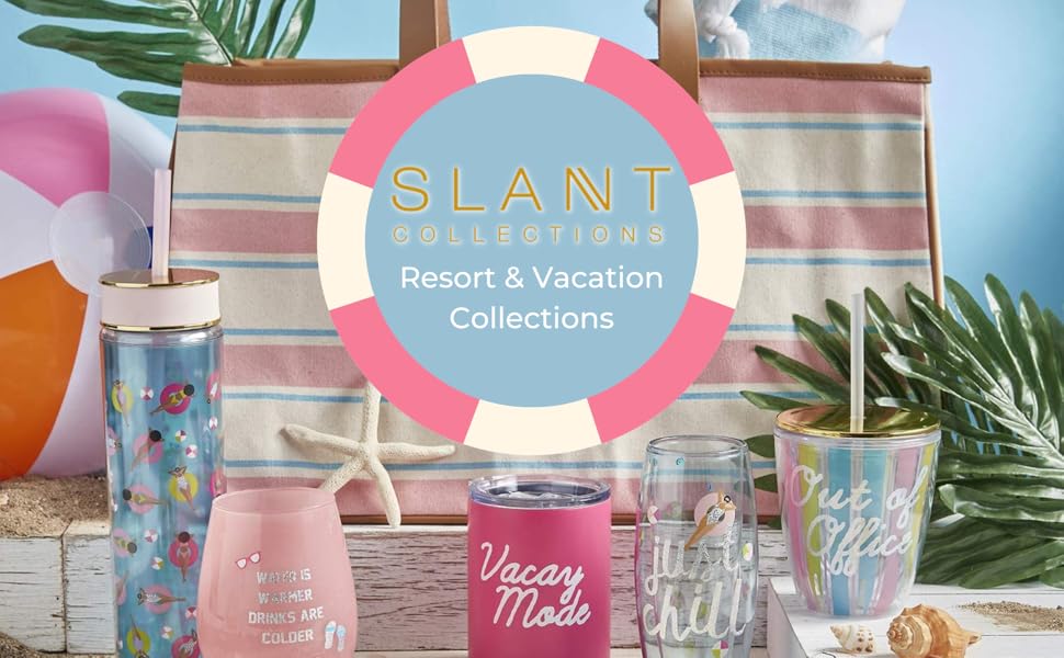 a beach bag sits on a resort themed table setup with drink tumblers wine glasses seashells and sand