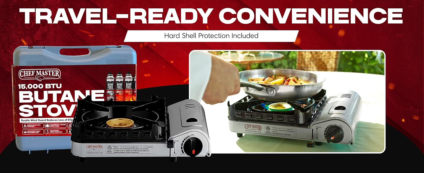 15,000 BTU Portable Butane Camping Stove COMBO with 4 x 8oz. Butane Fuel Canister