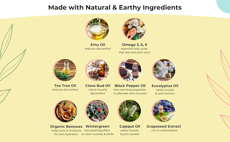 Emu oil with vitamin E, C, &amp; D in the muscle rub helps alleviate muscle discomfort
