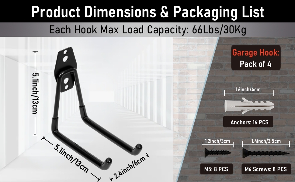 5.1 Inch Double Garage Storage Hook, Pack of 4