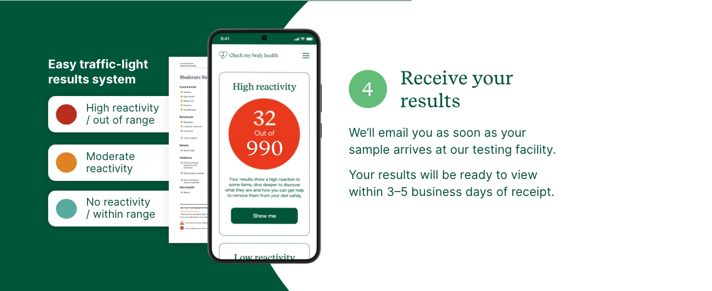Mobile screen displaying gluten test kit results with a traffic light system showing high reactivity