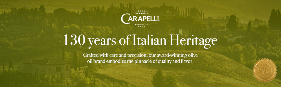 Landscape of Italian hillside with text that reads Carapelli 130 years of Italian Heritage