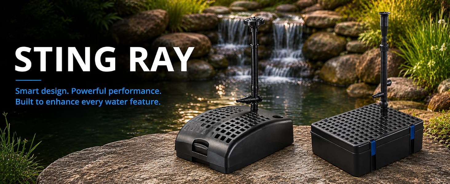 Sting Ray fountain kits beside a backyard pond with waterfall and decorative feature setup
