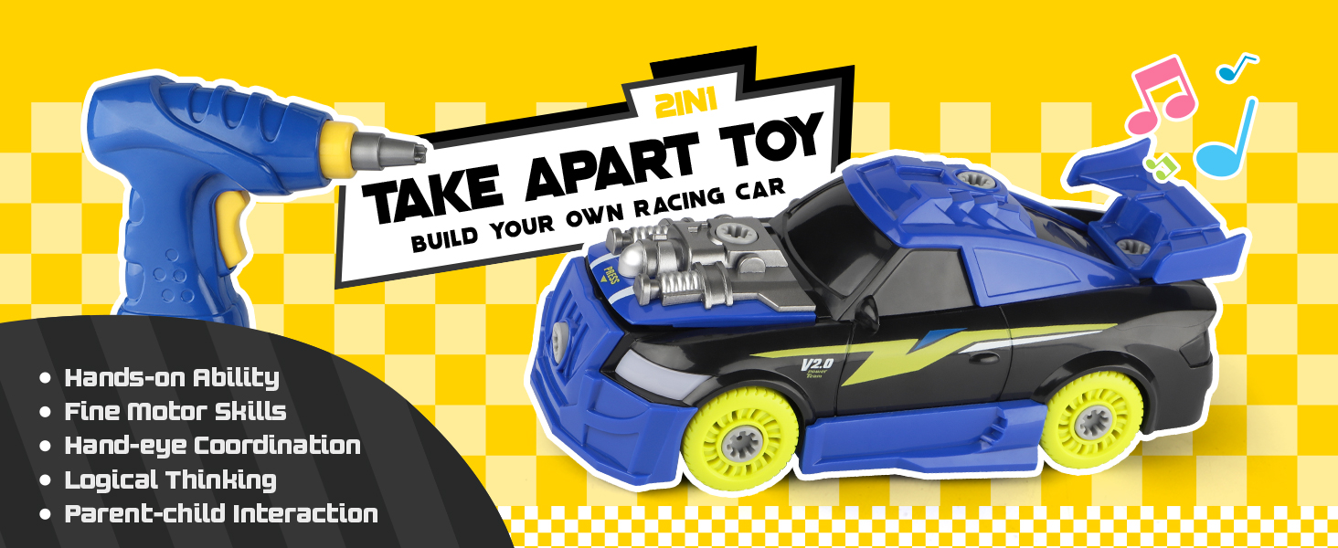 Blue toy race car with disassembled parts and a blue toy drill. Product emphasizes hands-on building, motor skills, coordination, and logical thinking for children.