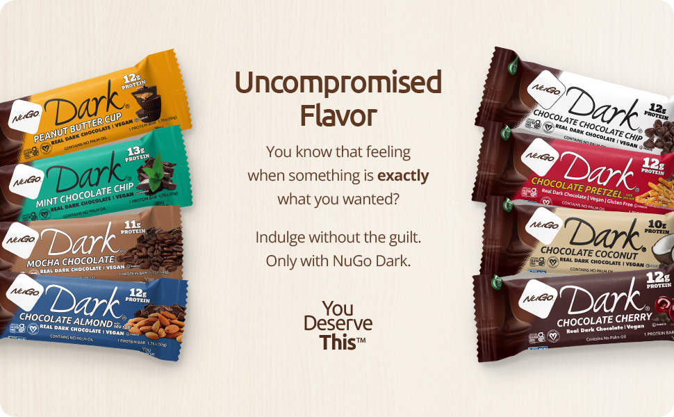 All 8 NuGo Dark bars on tan background