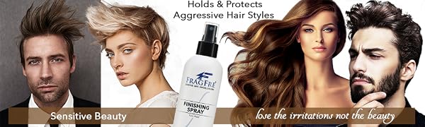 Photo of various hairstyles and a bottle of fragfre firm hold hair finishing spray