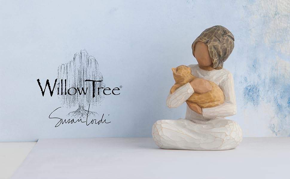 Willow Tree Kindness figure of a seated girl holding yellow cat in her arms.