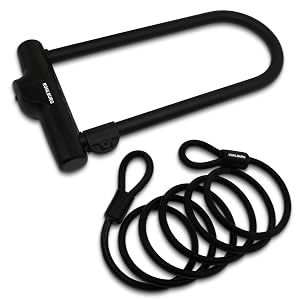 U-shaped black bicycle lock with mounting bracket and accompanying black security cable with looped ends.