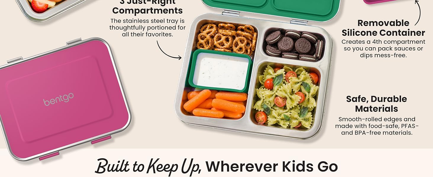 bentgo kids stainless steel lunch box, safe durable stainless steel, portion-perfect, secure clips