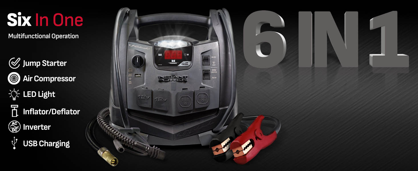 6 in 1: Jump Starter, Power Station, Air Compressor, Inflator/Deflator, Inverter, and LED Light.