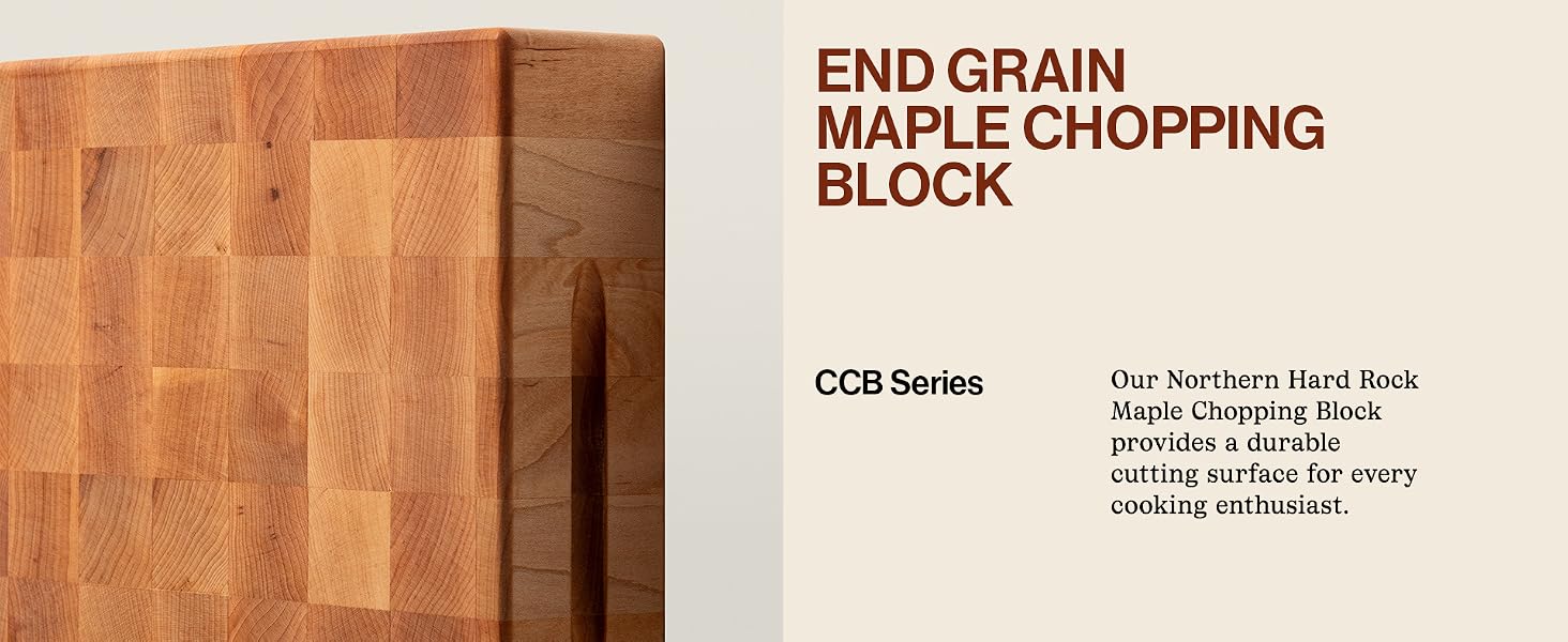 A close up of a wood cutting board. Text reads: End Grain Maple Chopping Block.