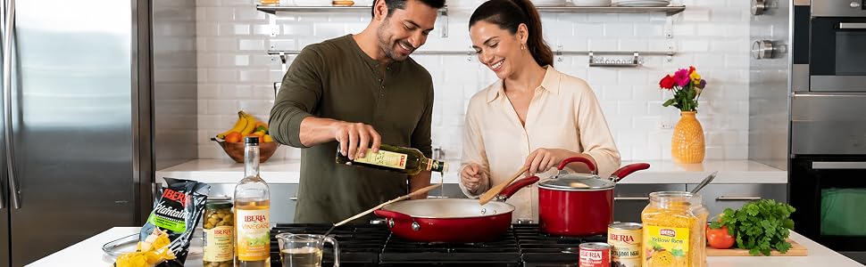 Couple cooking with iberia products