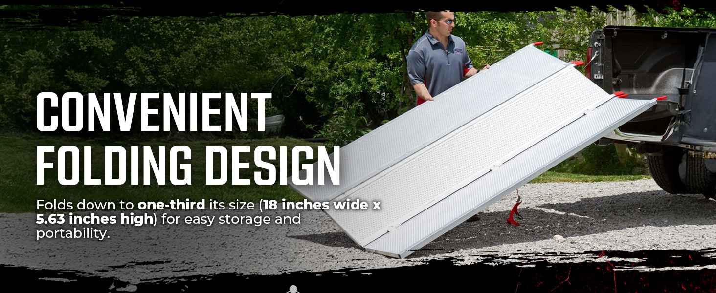 Man folding aluminum ATV ramp for truck loading, showcasing compact and portable design.
