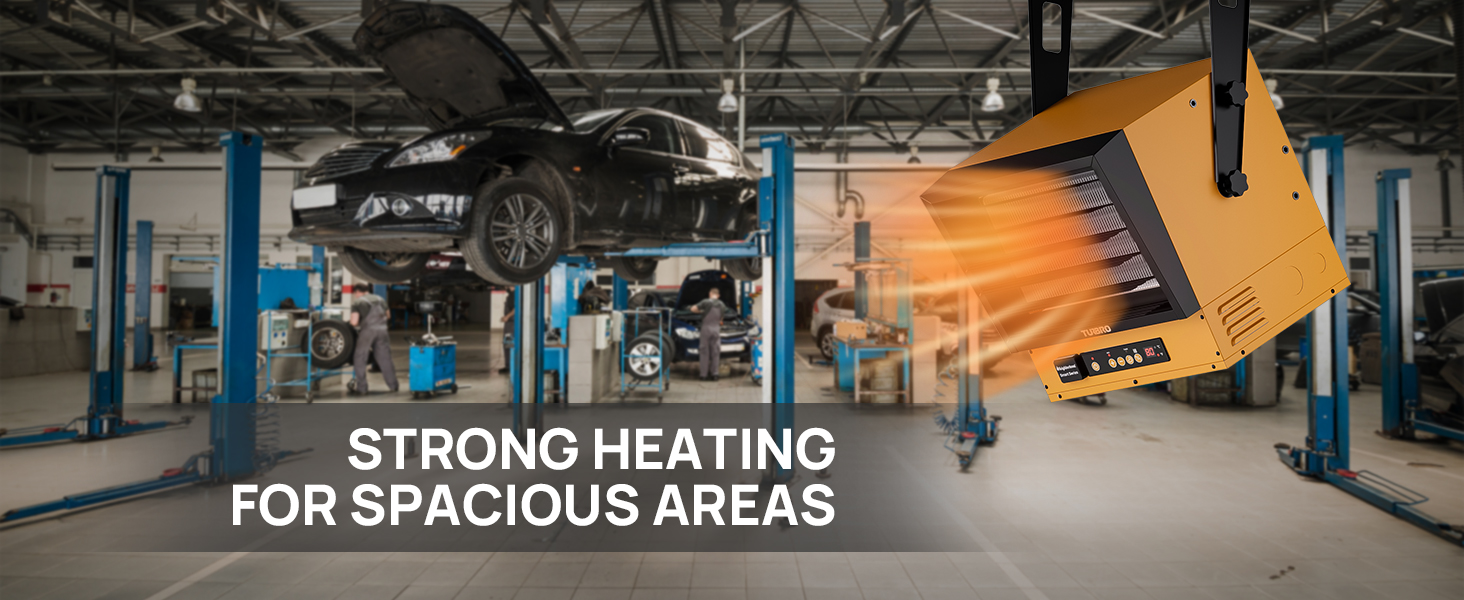 heater hanging large auto repair shop ceiling blowing warm air toward work area below