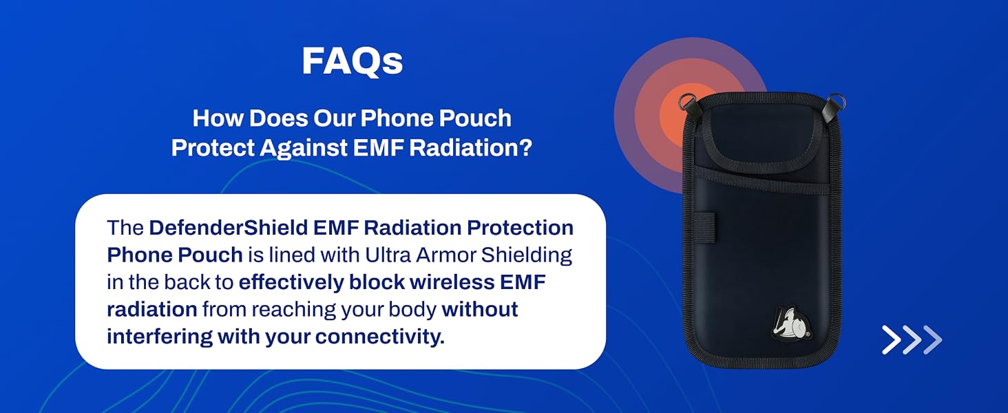 Faraday phone sleeve with advanced liner design shown on blue background with wireless signal rings