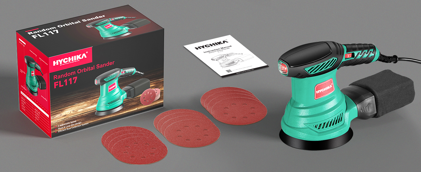 Electric orbital sander with teal body and black grip. Includes product box, instruction manual, and three red sanding discs. Sander features variable speed control and dust extraction port.