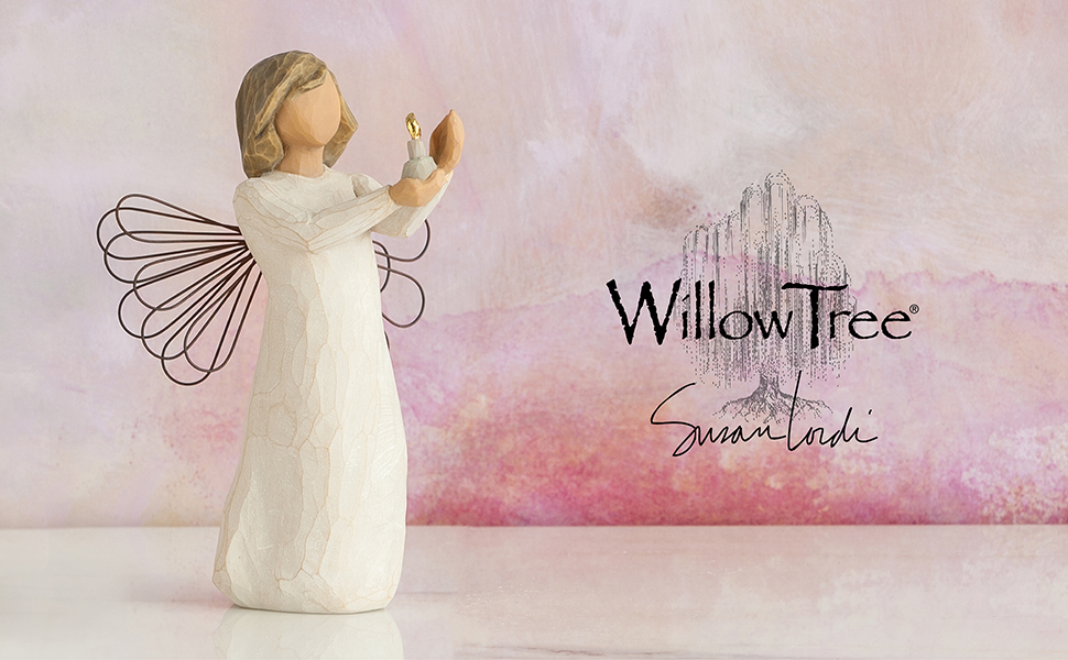 Willow Tree Angel of Hope holding out candleholder with small gold-flamed candle in her hands.
