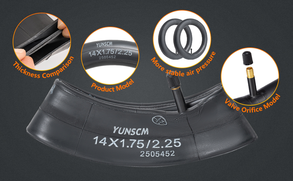 Yunson bicycle inner tube 14x1.75/2.35, featuring seamless construction, airtight valve, and textured surface with visible product specifications.