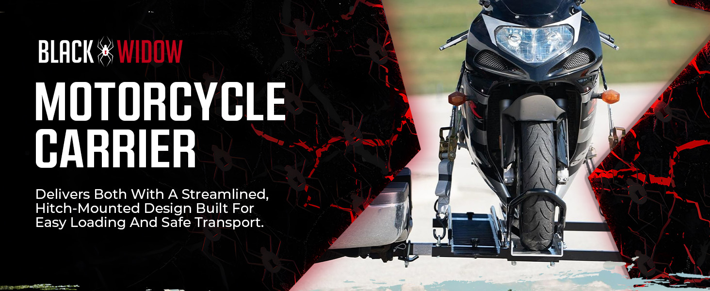 Motorcycle on Black Widow Pro Aluminum Dolly in a garage with bold product branding on display.