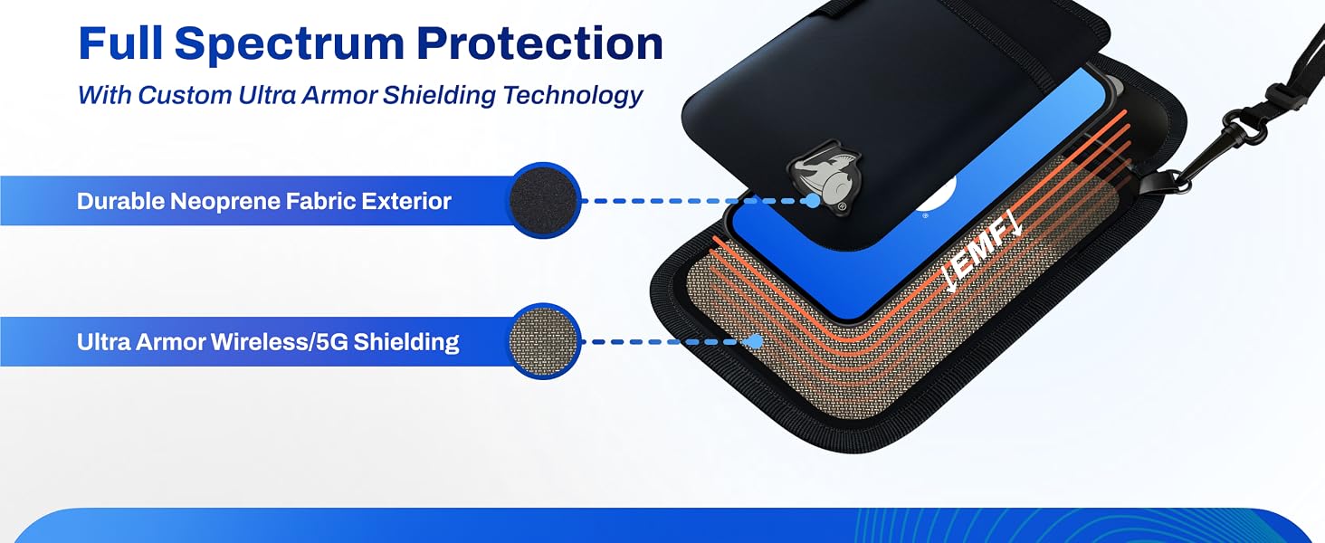 Cell phone pouch with neoprene exterior and ultra armor layer showing interior material composition