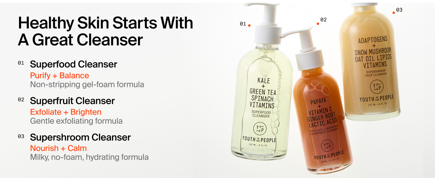 Explore Youth to the People facial cleansers made from Superfood extracts.
