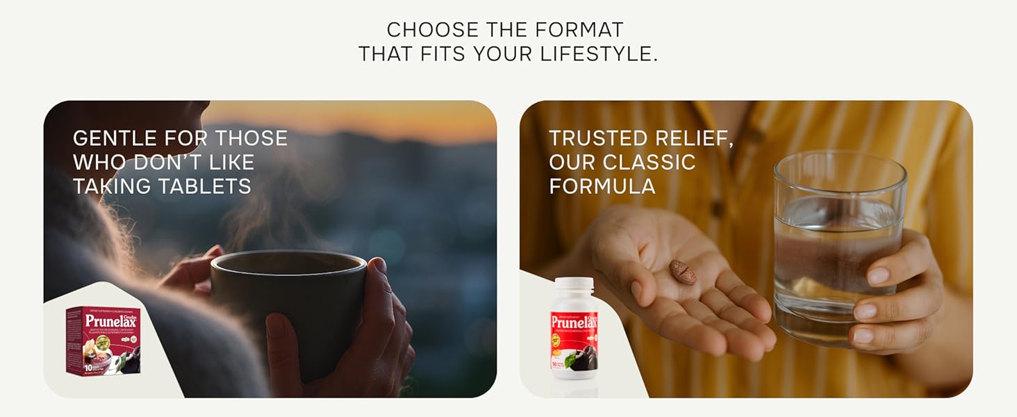 prunelax tea, gentle for those who dont like tablets. prunelax tablets, trusted relief formula.