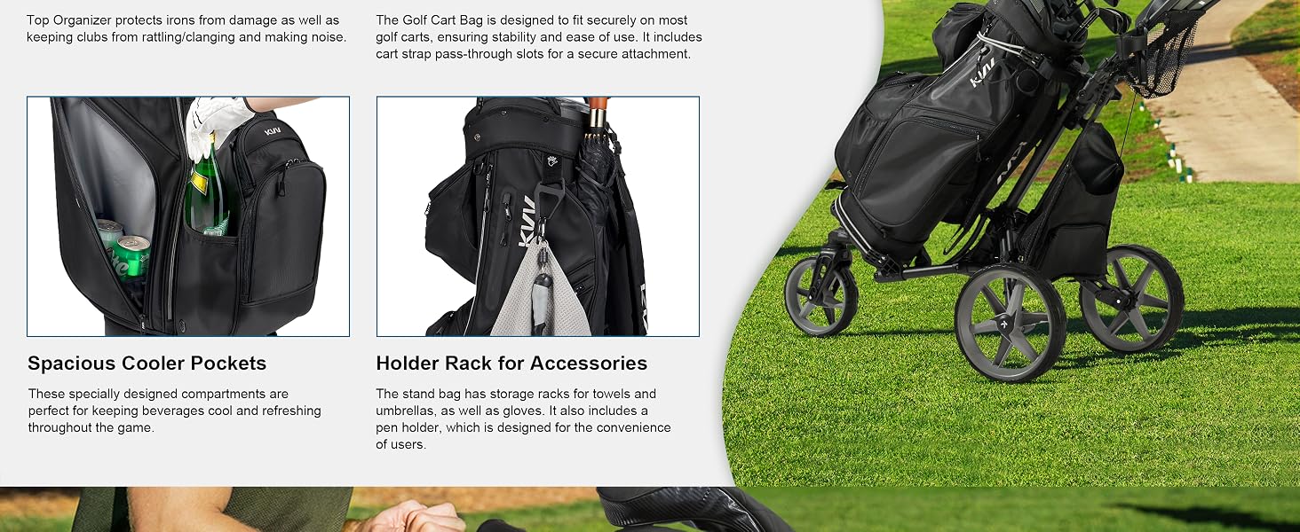 KVV Top-Moded Organizer Cart Bag, Premium Silent Golf Bag with 14 Club Locking Slots