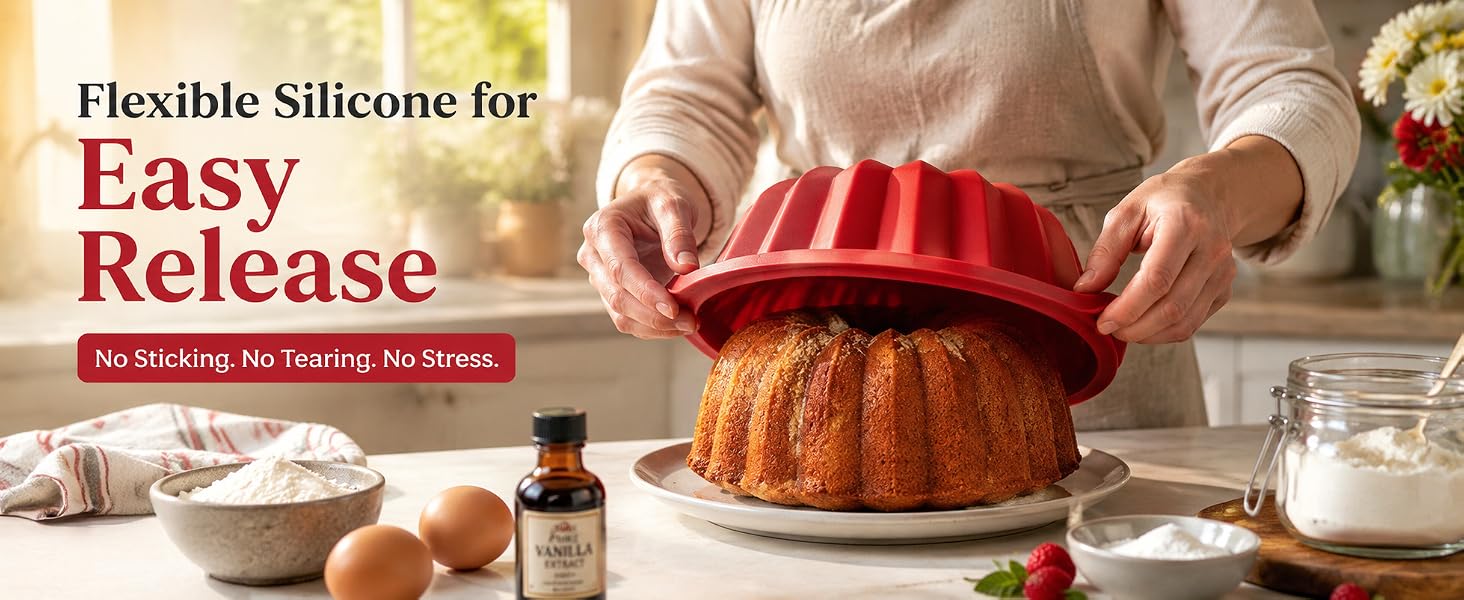 cake being released from red silicone bundt pan