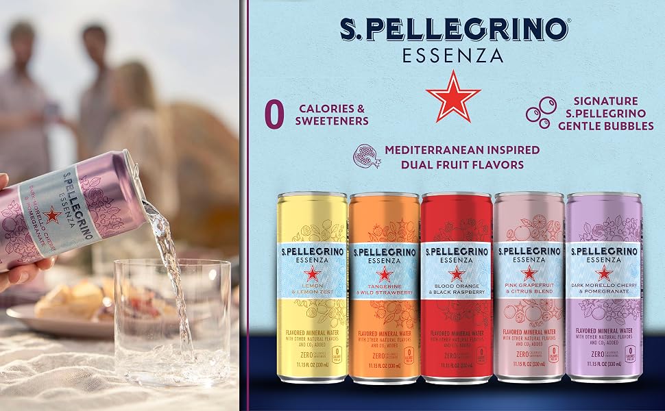 Colorful cans of San Pellegrino Essenza Fruit Flavored Mineral Water with Gentle Bubbles in Cans
