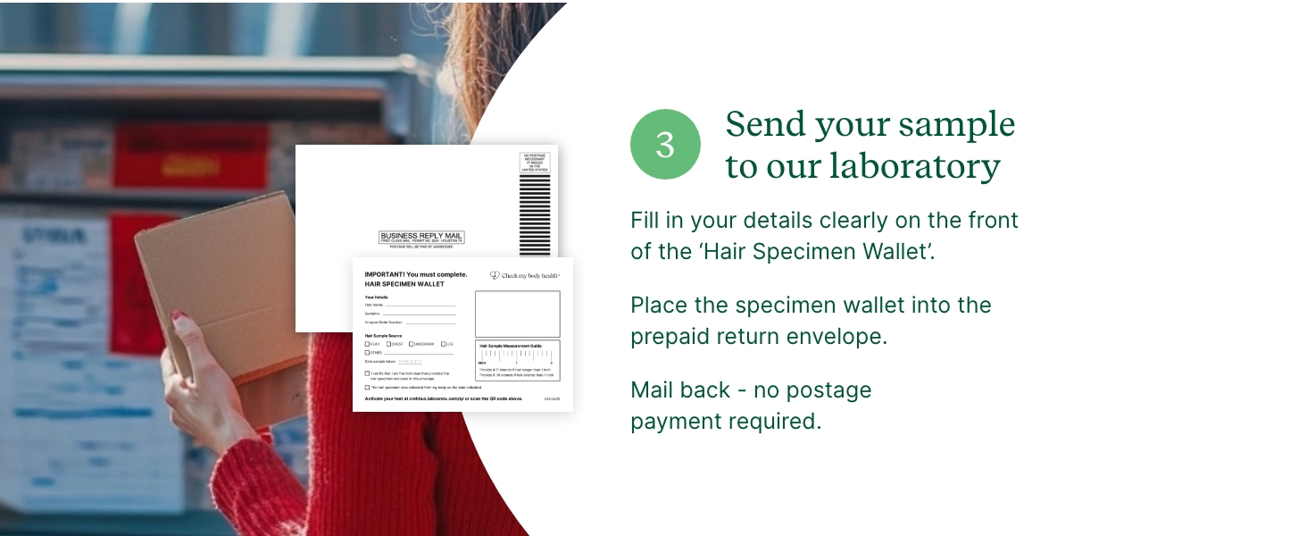 Person holding a box preparing to mail a hair specimen wallet for an at home gluten intolerance test