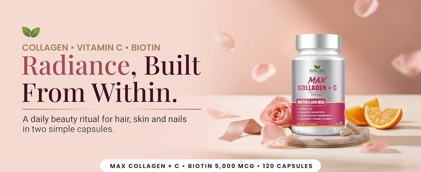 Max Collagen + C supplement bottle with rose petals and orange slices