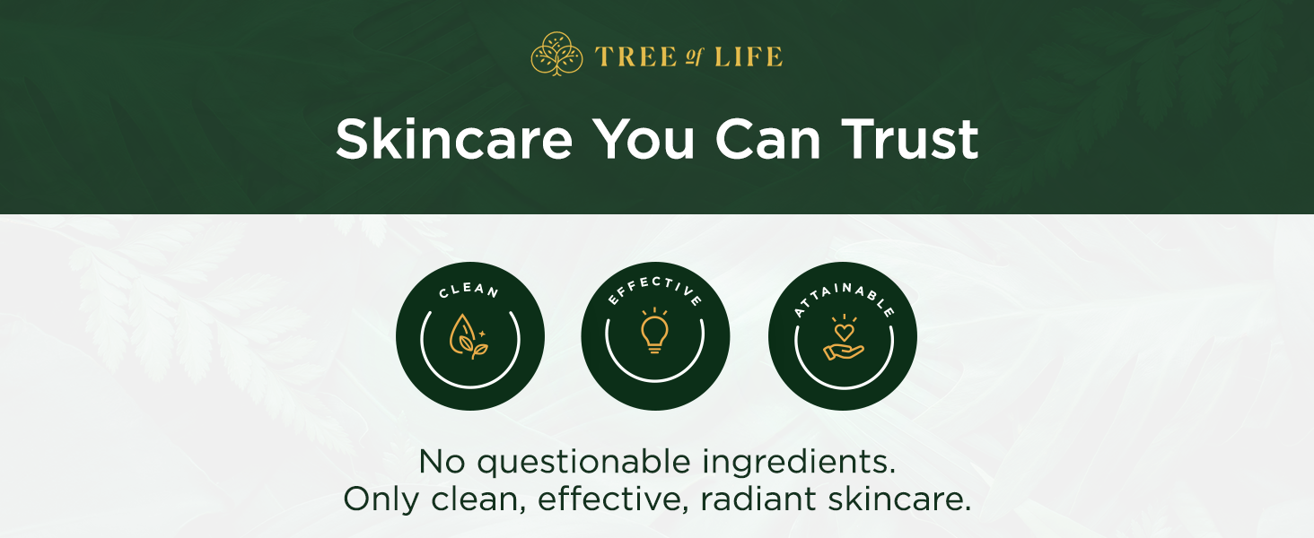 Tree of Life clean skincare promise with badges: clean, effective, attainable