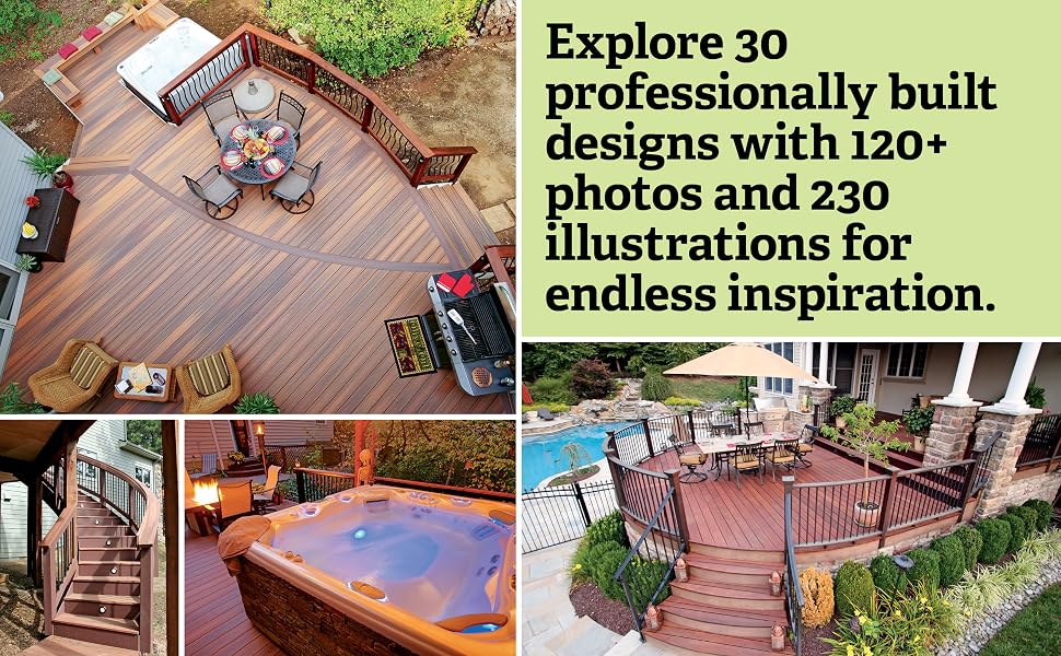 Photos of aerial deck with hot tub, curved stairs, and pool-side deck with stone columns.