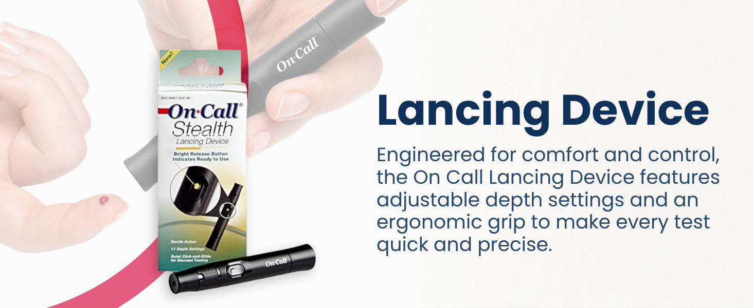 On Call adjustable lancing device with ergonomic grip and depth control for precise testing