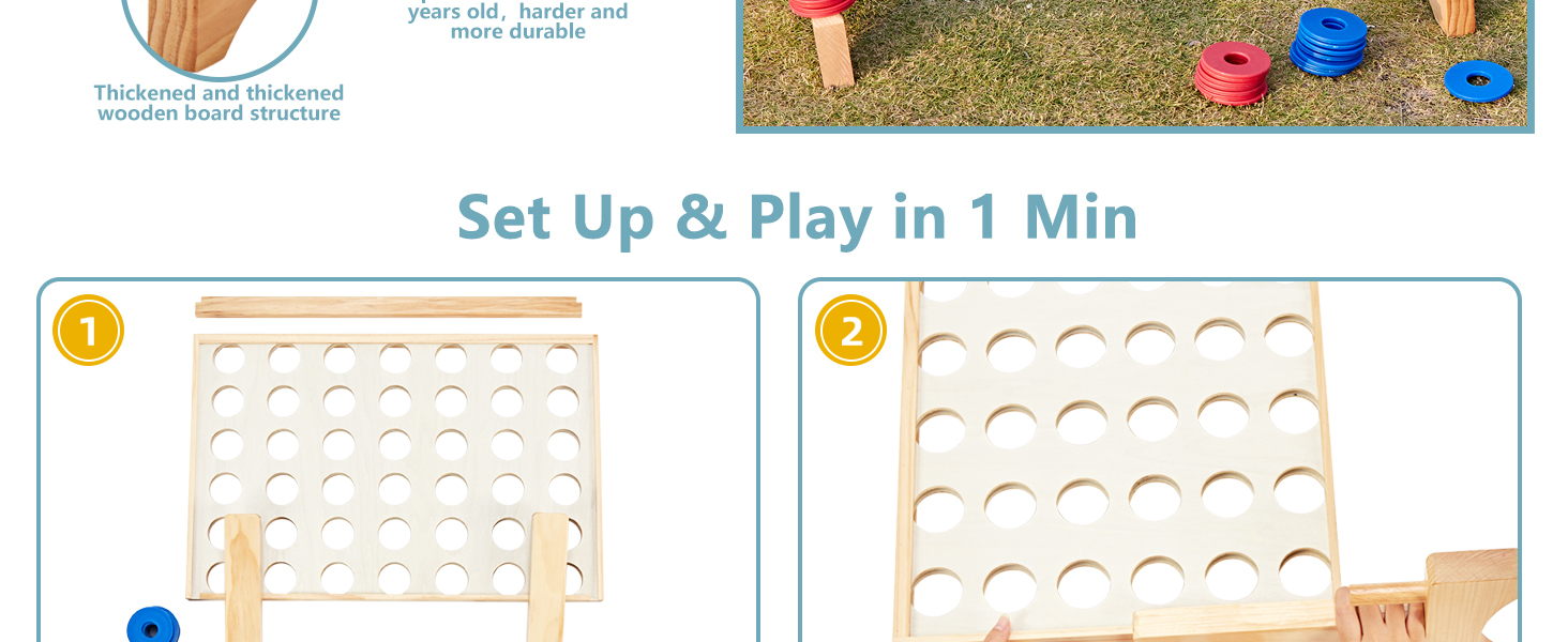 this outdoor game Four-step assembly guide: hands attaching legs, inserting board, no tools needed