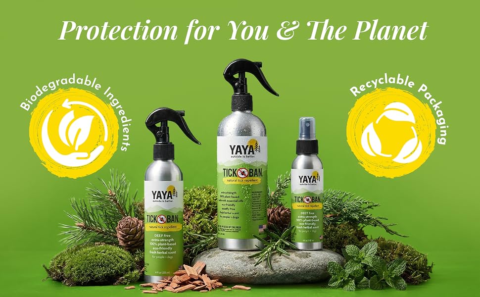 Biodegradable ingredients and recyclable packaging for Tick Ban bug spray.