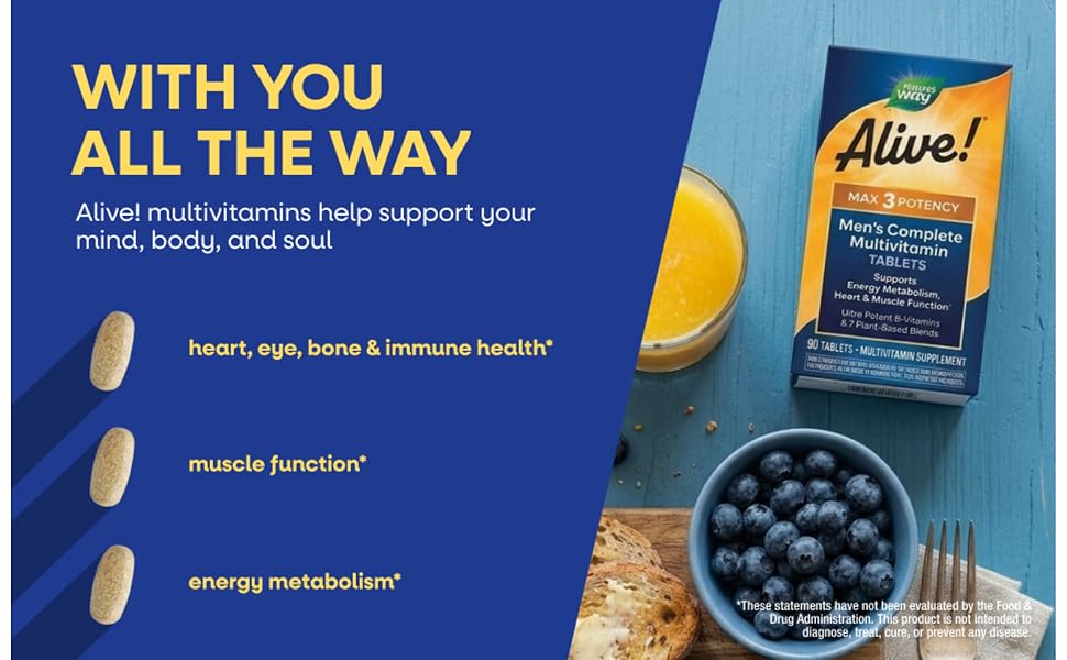Box of Alive! Men's Max3 Potency Multivitamins sitting on a blue table next to a bowl of blueberries