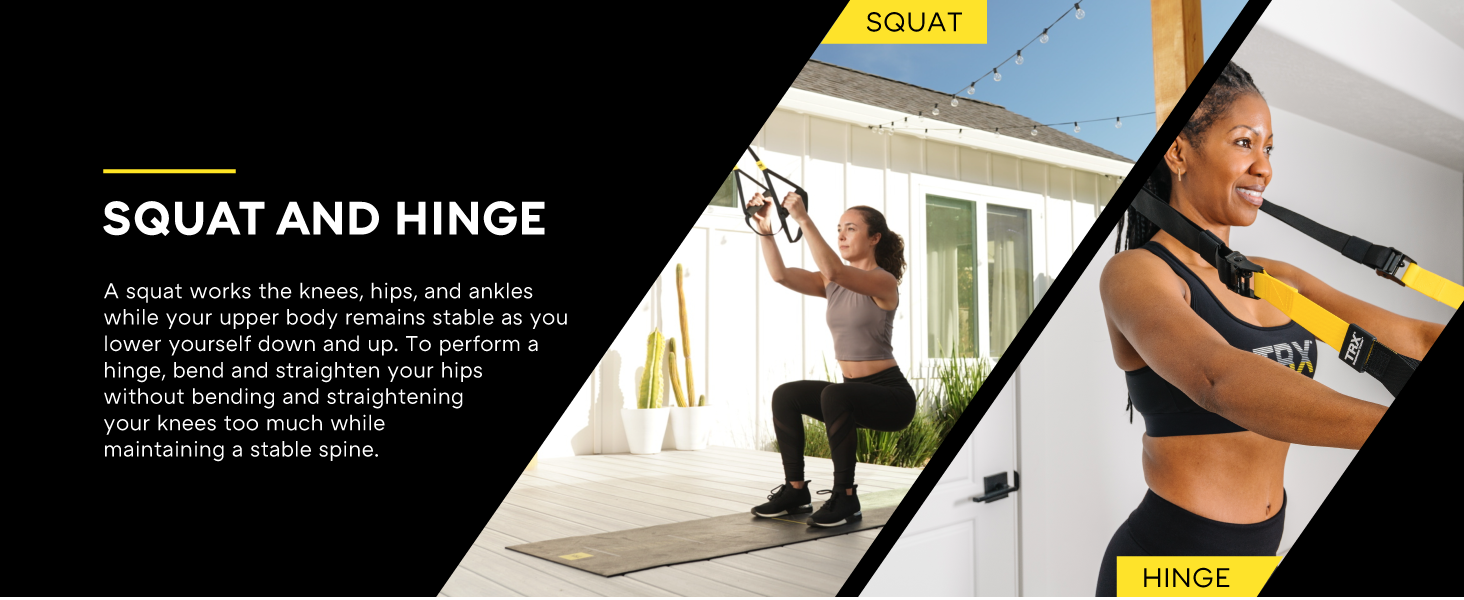 Two people doing full-body workouts. Text reads: Squat and hinge.