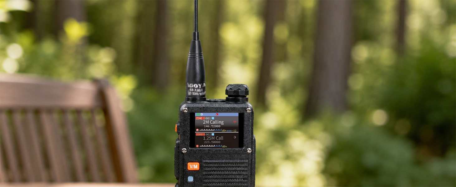 BF-F8HP PRO with Nagoya antenna on an outdoor table, showing a better antenna setup for field use.