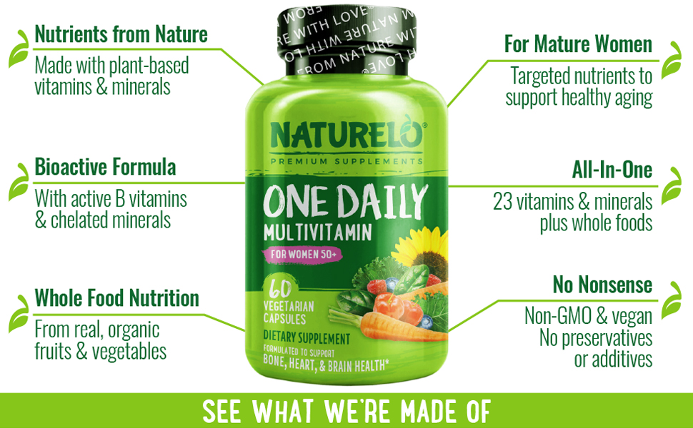 Nutrients from Nature. Bioactive Formula. Whole Food Nutrition. For Mature Women. All-In-One.