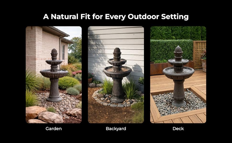 Water fountain shown in different outdoor scenarios adapting easily