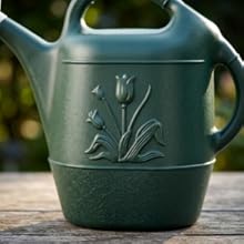Classic Hunter Green watering can with decorative embossed tulip design.