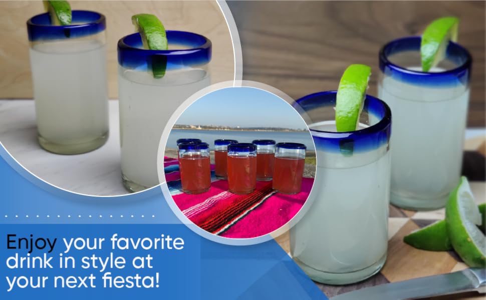 blue rim mexican glassware juice glasses small 8oz hand blown recycled glass