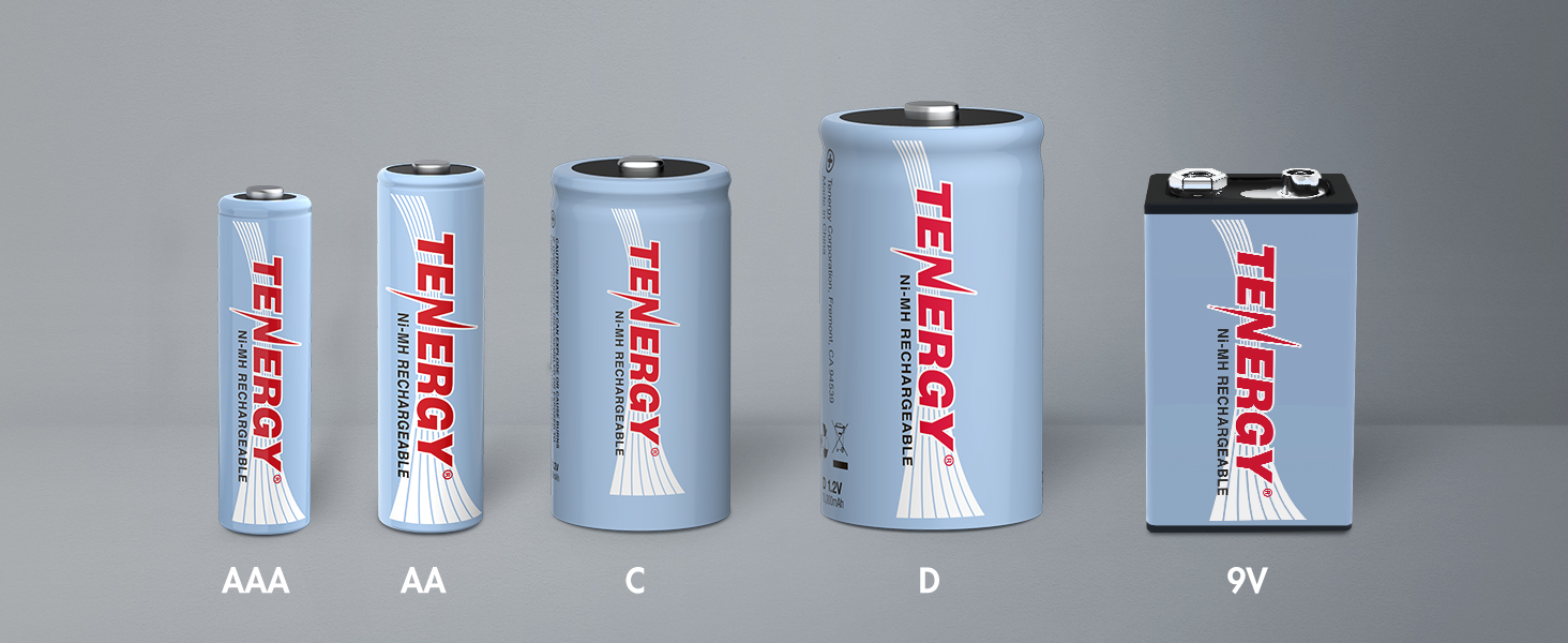 Tenergy rechargeable batteries in common sizes